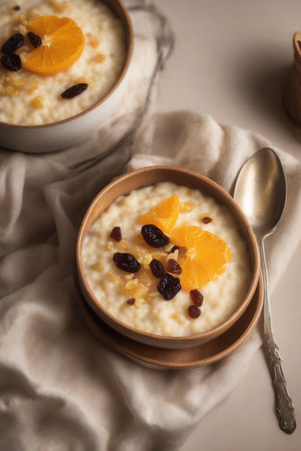 A high-resolution photo of orange zest rice pudding flecked with raisins, under soft lighting.