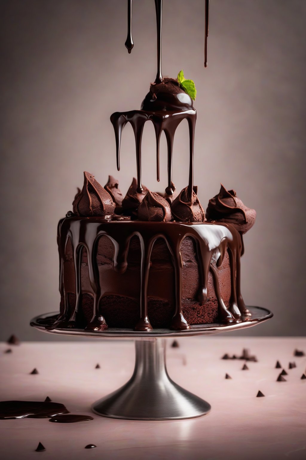 A high-resolution photo of glossy dark chocolate ganache dripping down a chocolate cake slice under soft lighting.