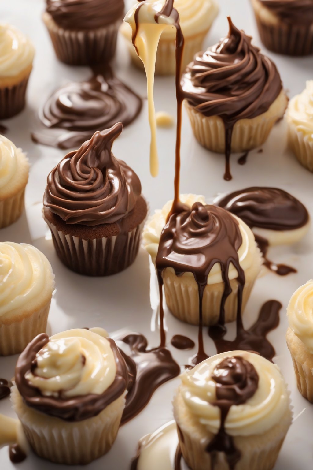 A high-resolution photo of shiny milk chocolate ganache drizzling over vanilla cupcakes under soft lighting.