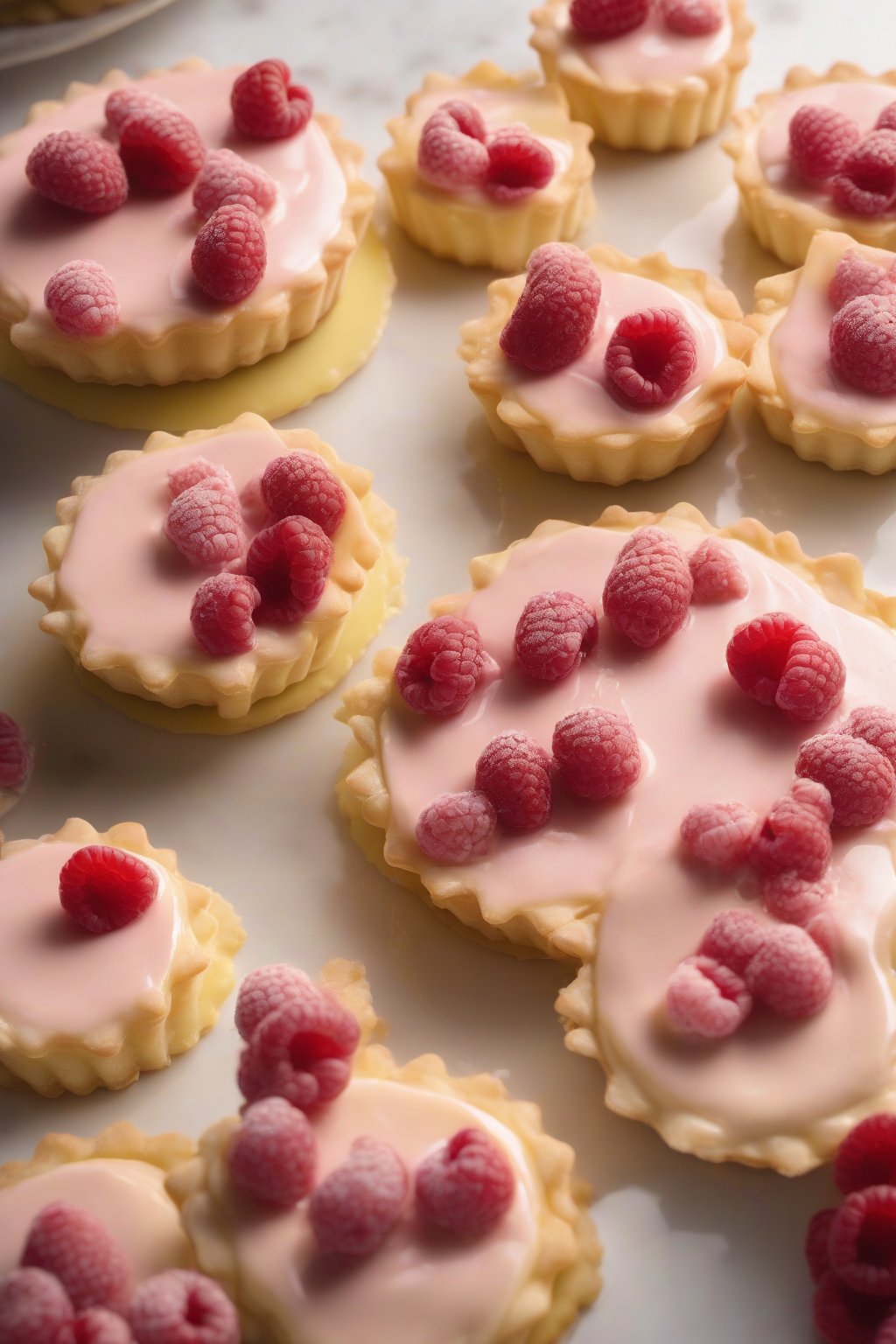 A high-resolution photo of pink-tinged white chocolate raspberry ganache cascading over lemon tarts under soft lighting.