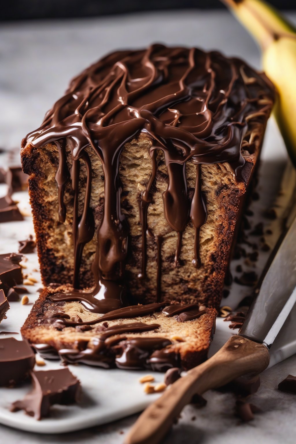 A high-resolution photo of peanut butter chocolate ganache dripping shiny strands over banana bread under soft lighting.