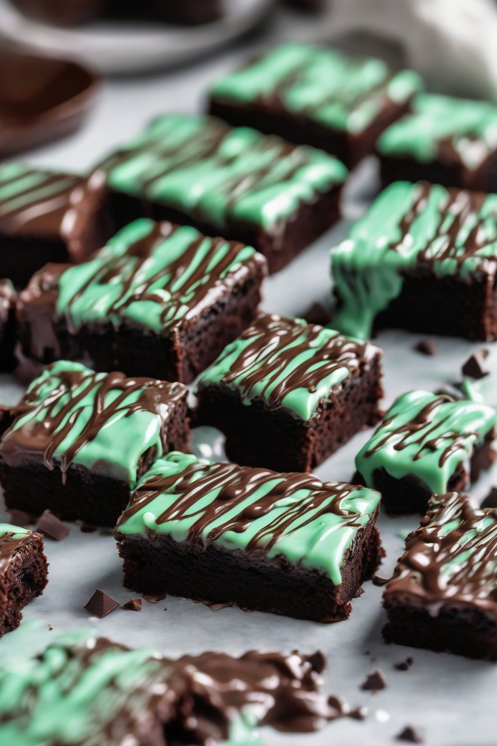 A high-resolution photo of minty green-tinted chocolate ganache drizzling over brownies under soft lighting.