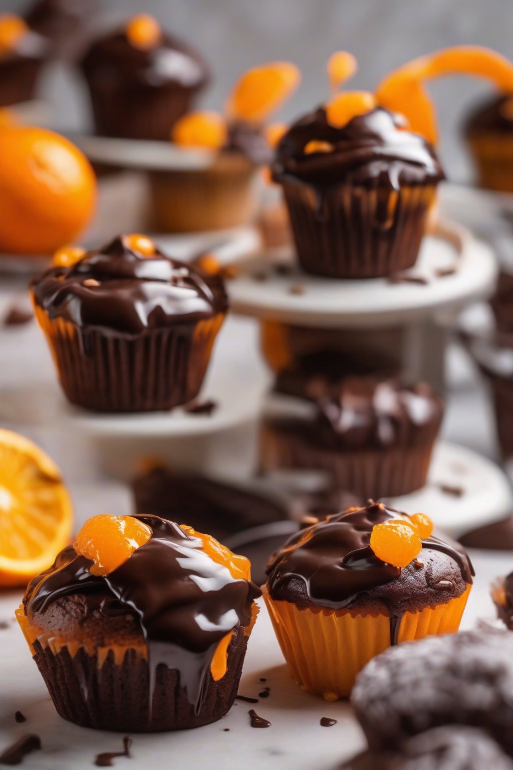 A high-resolution photo of orange-scented chocolate ganache with glossy drips on orange muffins under soft lighting.