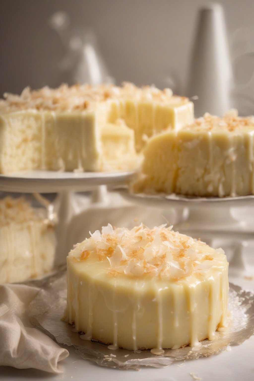 A high-resolution photo of coconut-flecked white chocolate ganache shining on pineapple cake under soft lighting.
