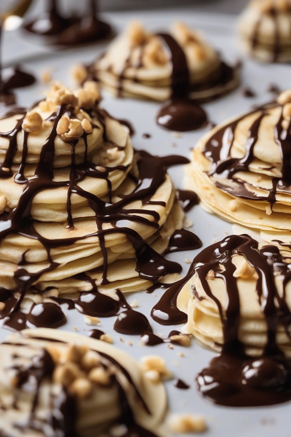 A high-resolution photo of hazelnut chocolate ganache with mirror-like drizzles on crepes under soft lighting.