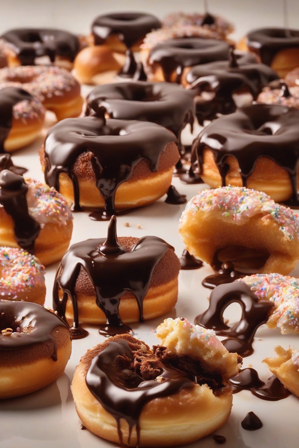 A high-resolution photo of espresso-infused dark ganache dripping boldly over donuts under soft lighting.