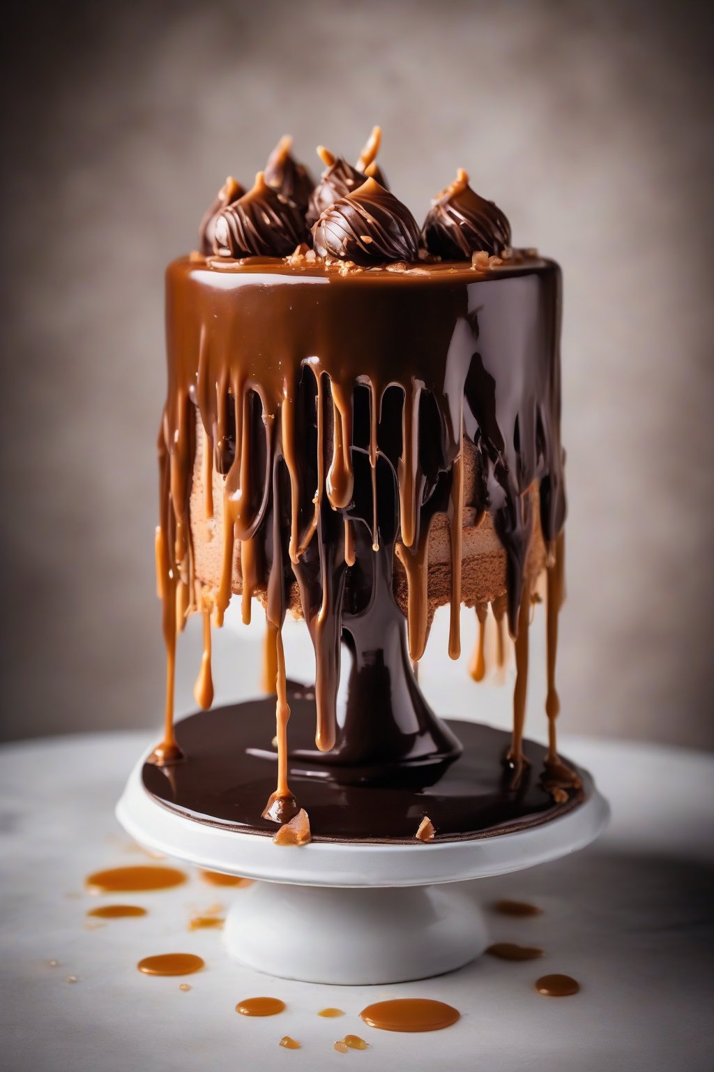 A high-resolution photo of salted caramel chocolate ganache with crystalline drips on cake under soft lighting.