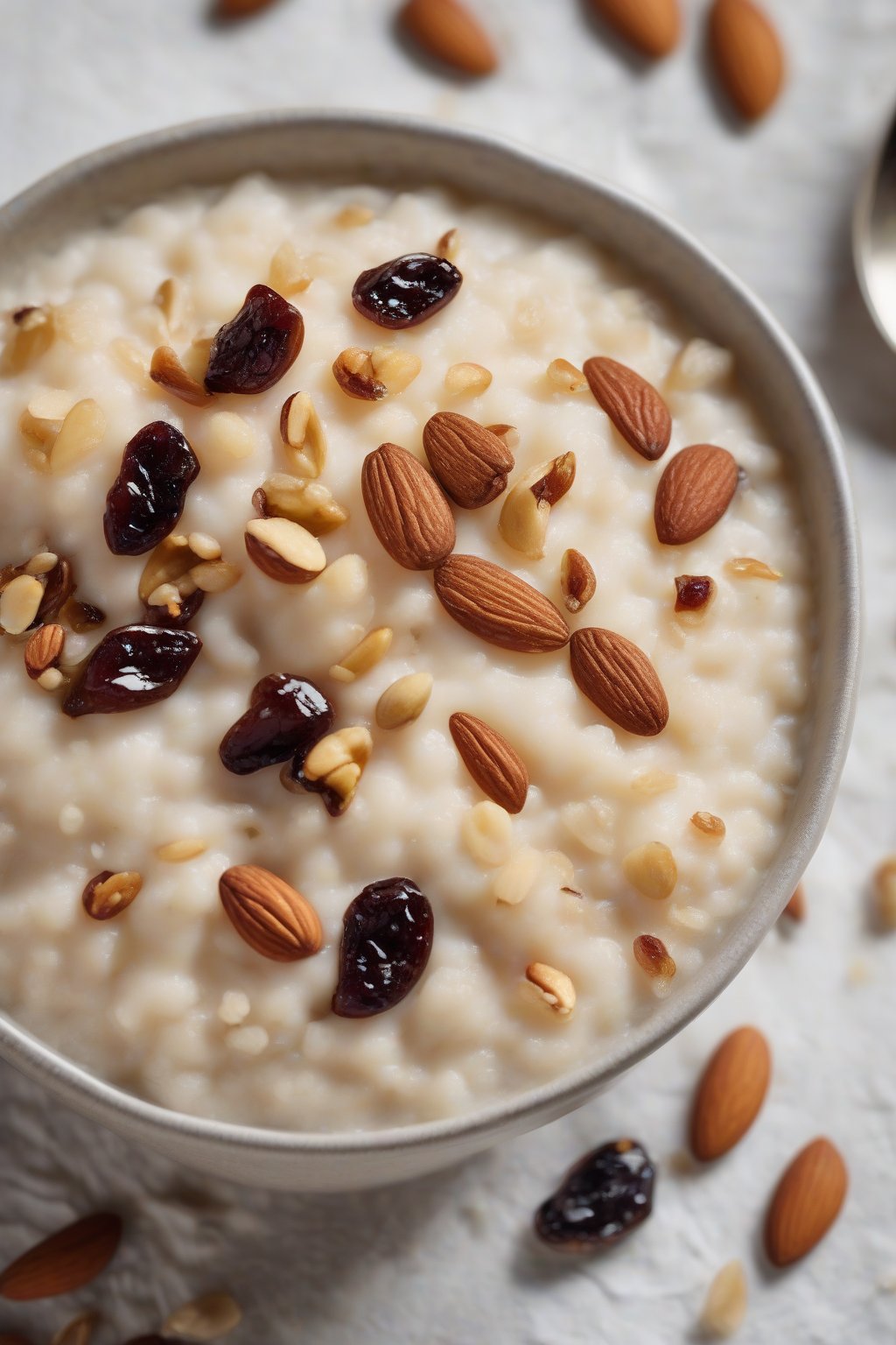 A high-resolution close-up photo of almond rice pudding studded with raisins and toasted nuts, under soft lighting.