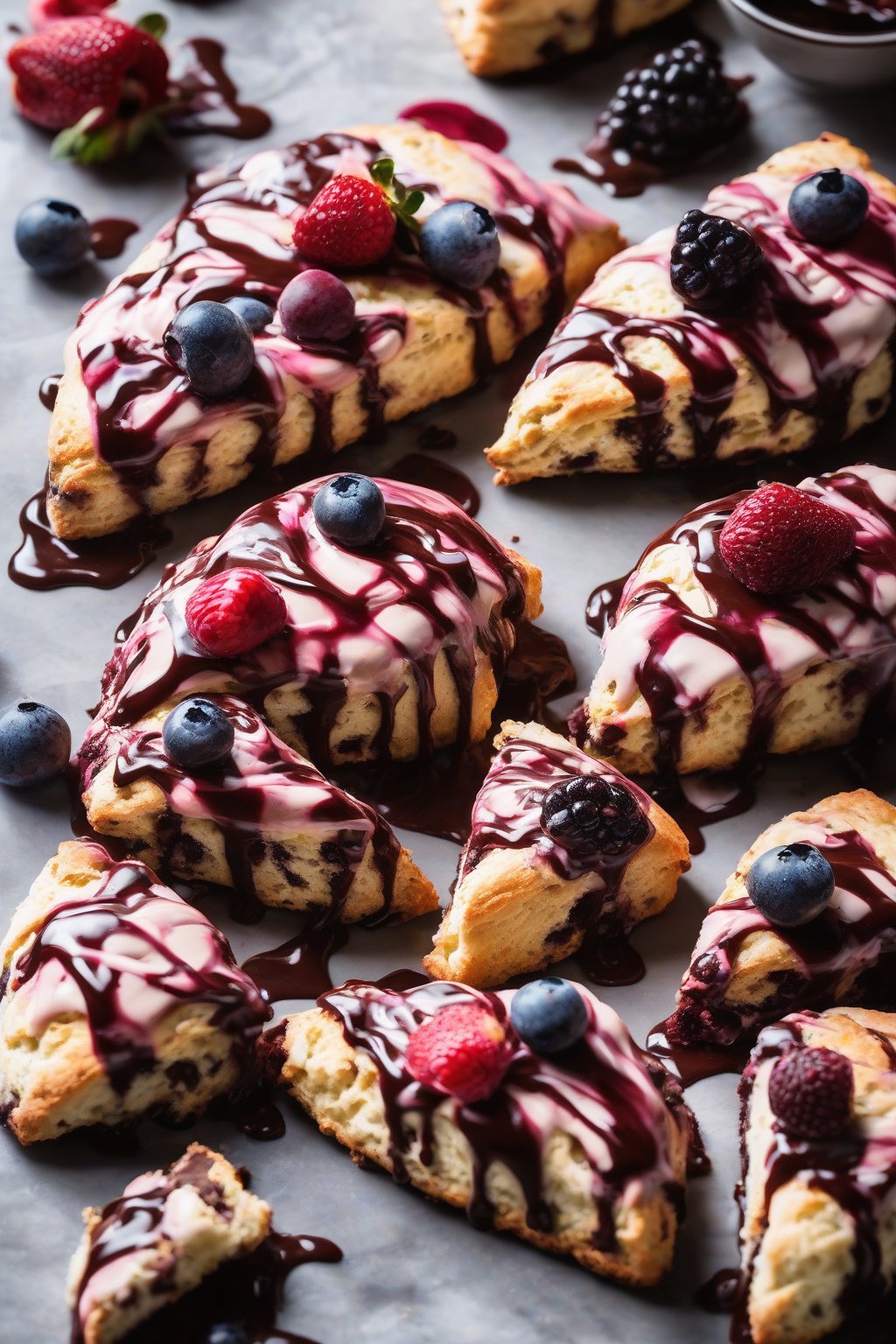 A high-resolution photo of berry-swirled chocolate ganache drizzling shiny over berry scones under soft lighting.