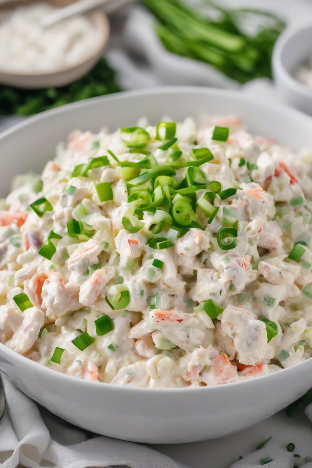 A high-resolution photo of classic creamy crab salad in a white bowl, topped with green onions, under soft lighting.