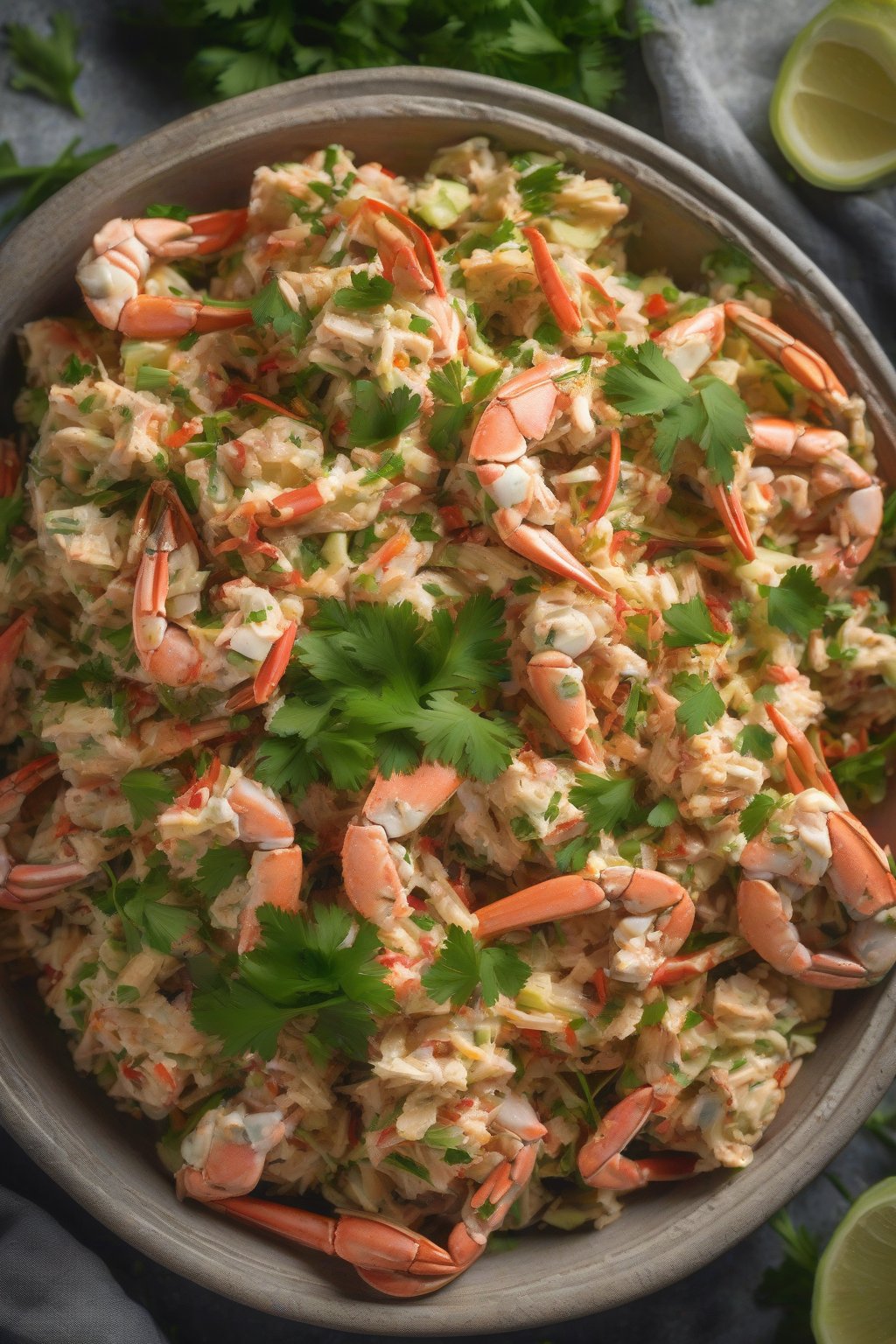 A high-resolution photo of spicy Cajun crab salad garnished with parsley in a rustic bowl, under soft lighting.