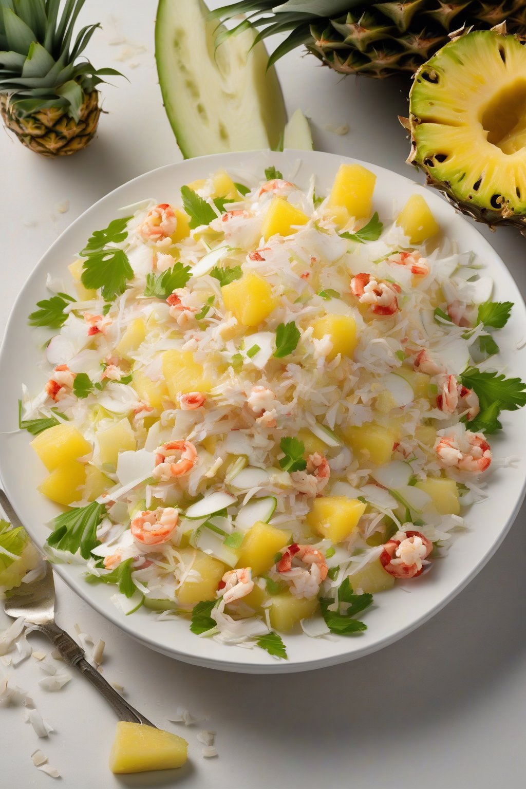 A high-resolution photo of tropical pineapple crab salad with coconut flakes, under soft lighting.