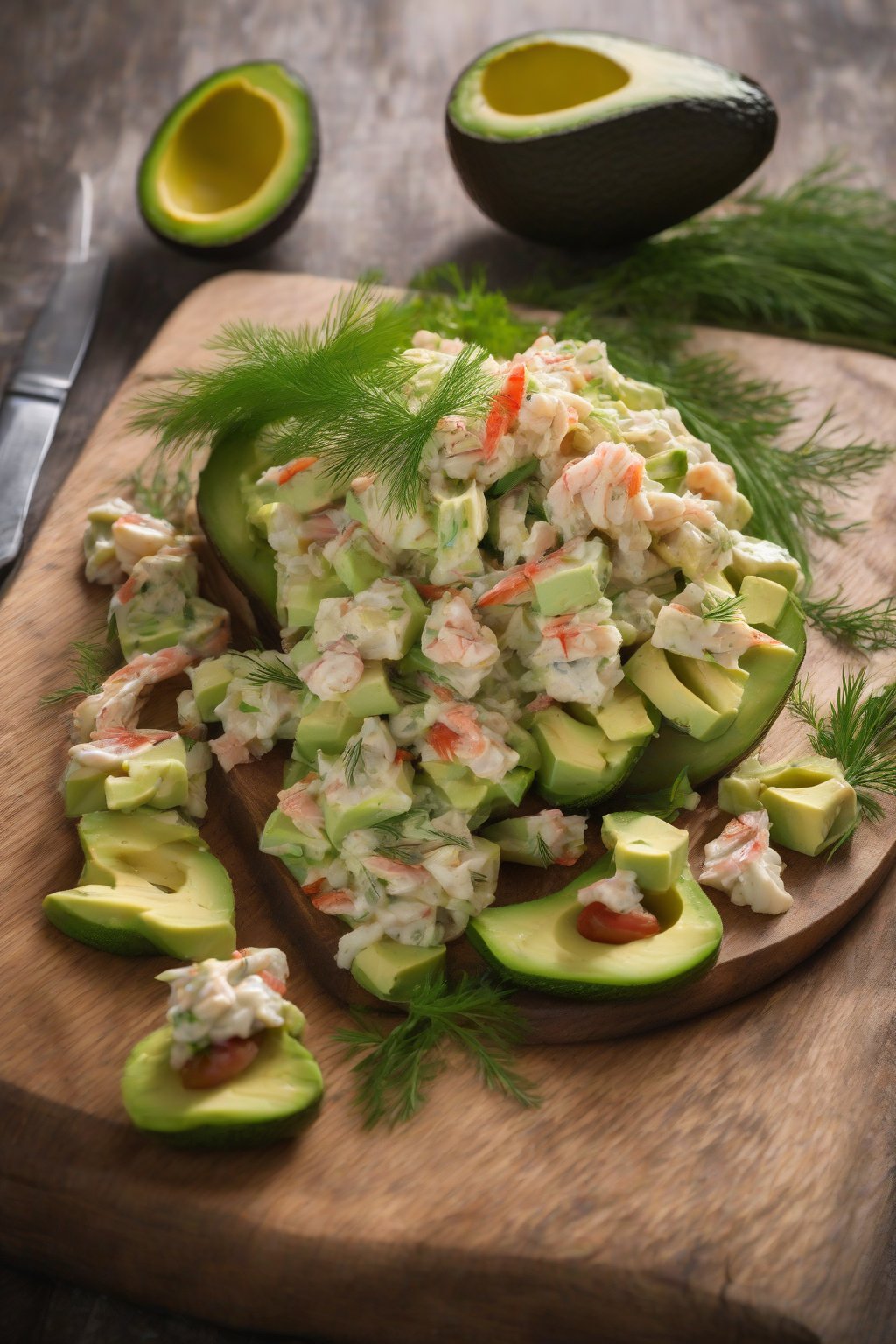 A high-resolution photo of avocado crab salad with dill sprigs on a wooden board, under soft lighting.