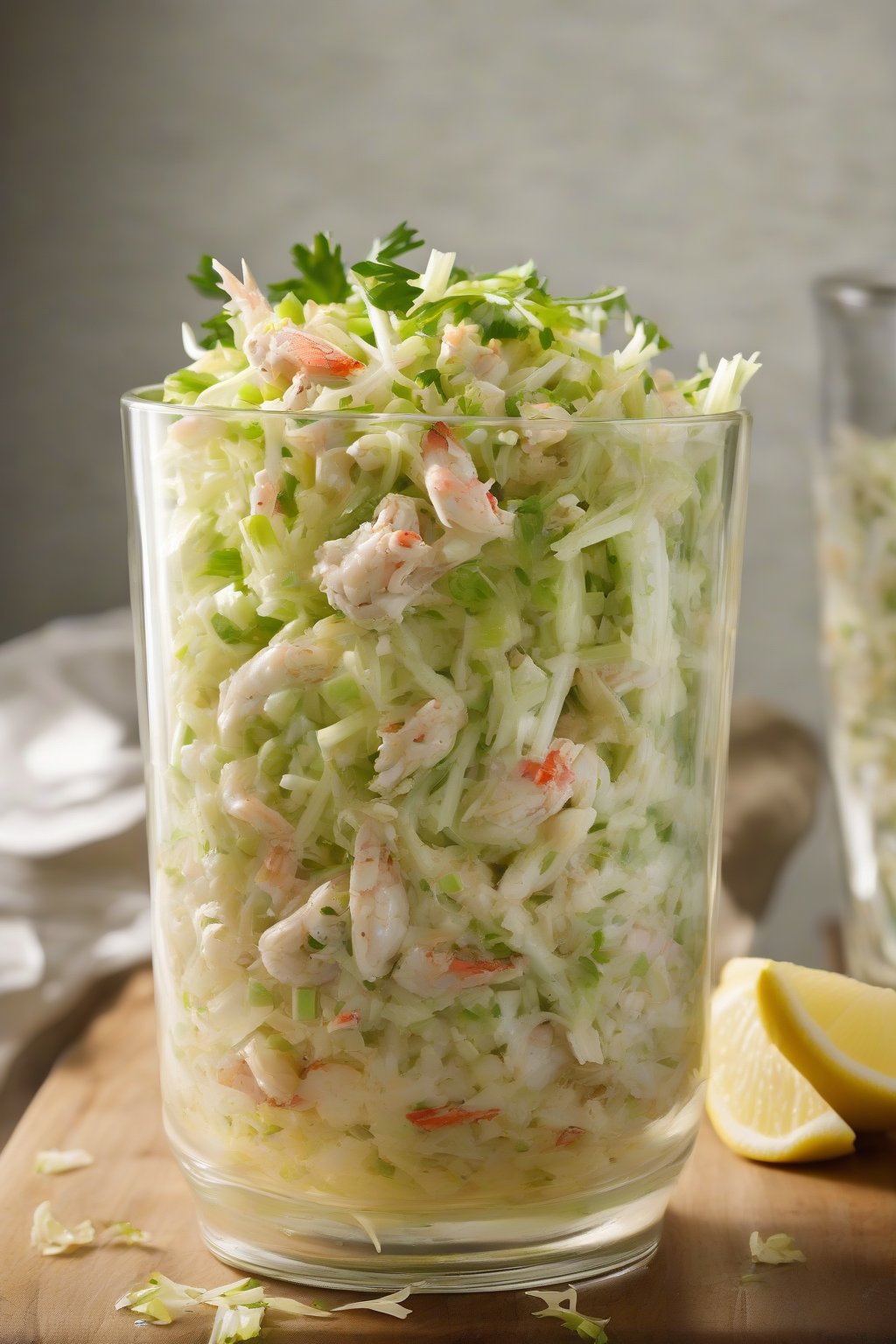 A high-resolution photo of celery crunch crab salad in a glass dish, lemon zest visible, under soft lighting.