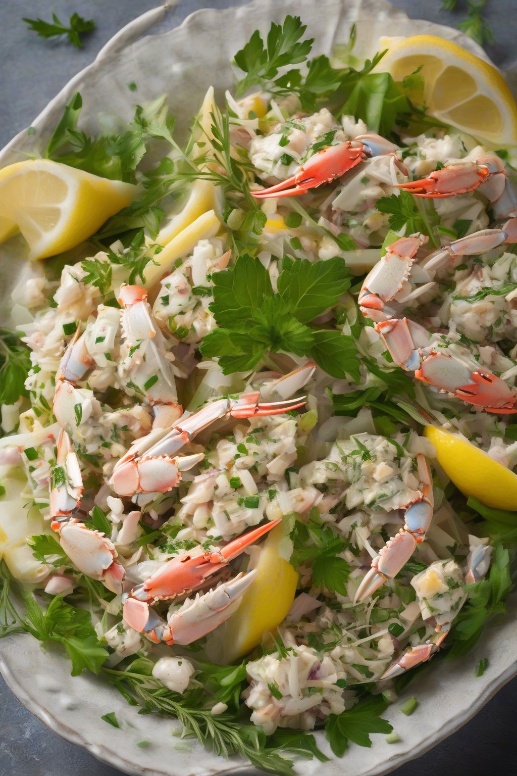 A high-resolution photo of lemon herb crab salad with herb garnish, under soft lighting.