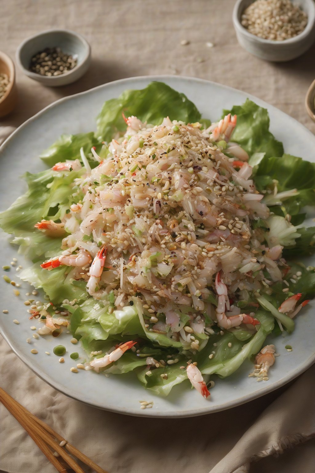 A high-resolution photo of sesame crab salad topped with seeds and onions, under soft lighting.