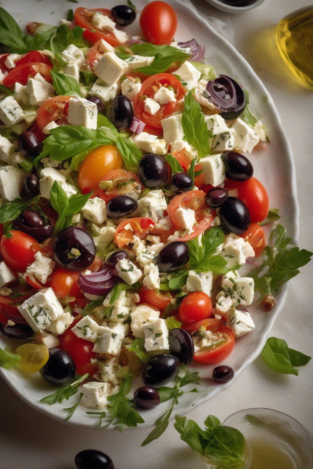 A high-resolution photo of Greek feta crab salad with tomatoes and olives, under soft lighting.