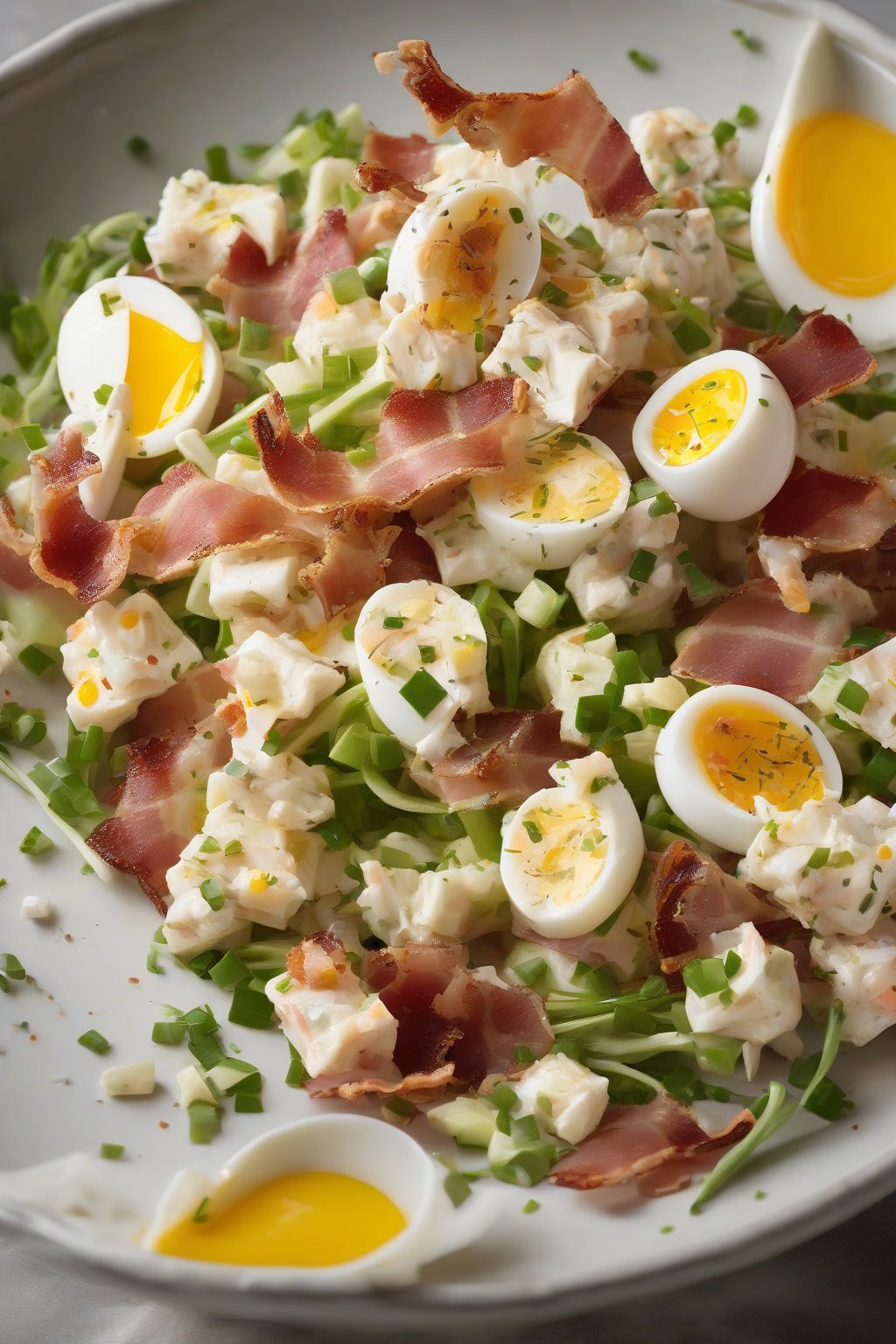 A high-resolution photo of bacon crab salad with egg chunks and chives, under soft lighting.