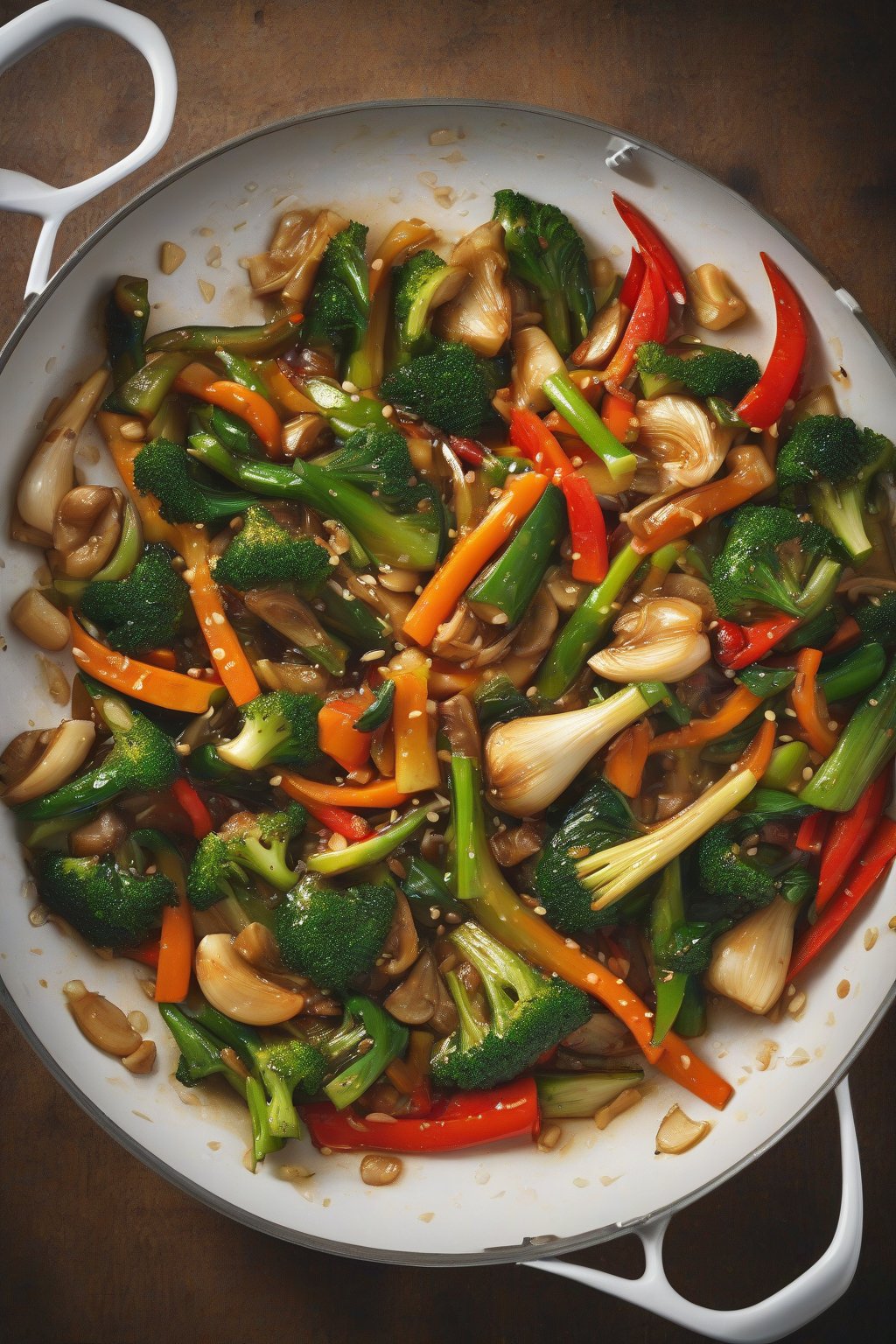 A high-resolution photo of steaming garlic veggie stir-fry in a pan under soft lighting.