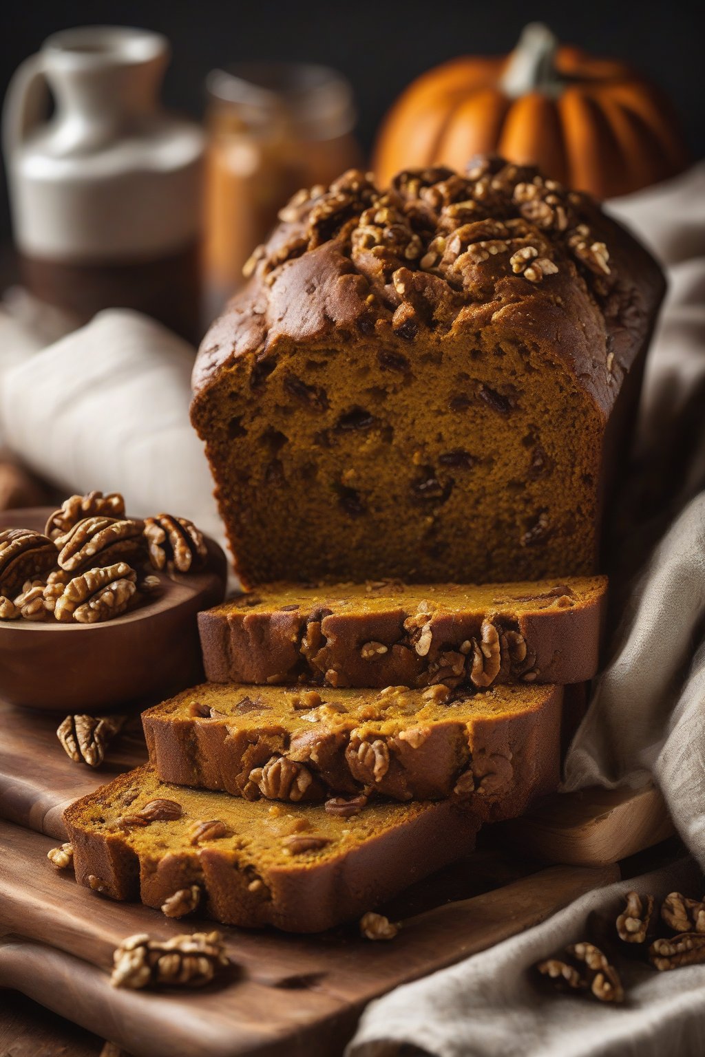 A high-resolution close-up photo of allspice walnut pumpkin bread with chunky walnuts and warm spice tones, under soft lighting.