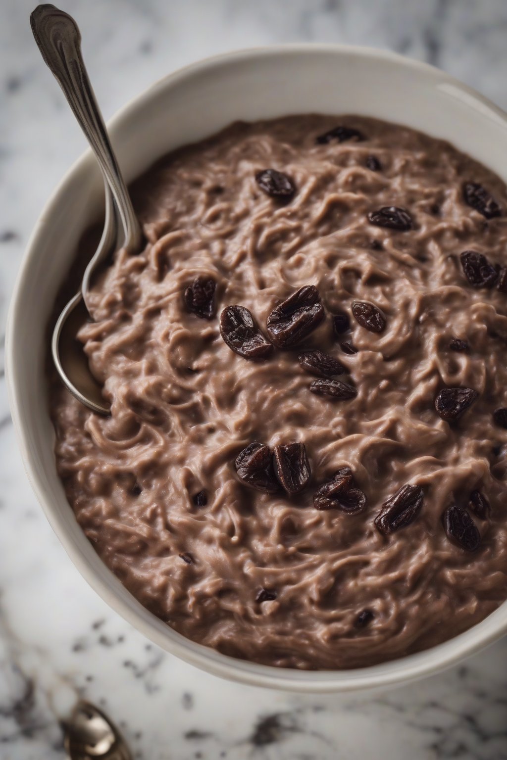 A high-resolution photo of chocolate rice pudding swirled with raisins, under soft lighting.
