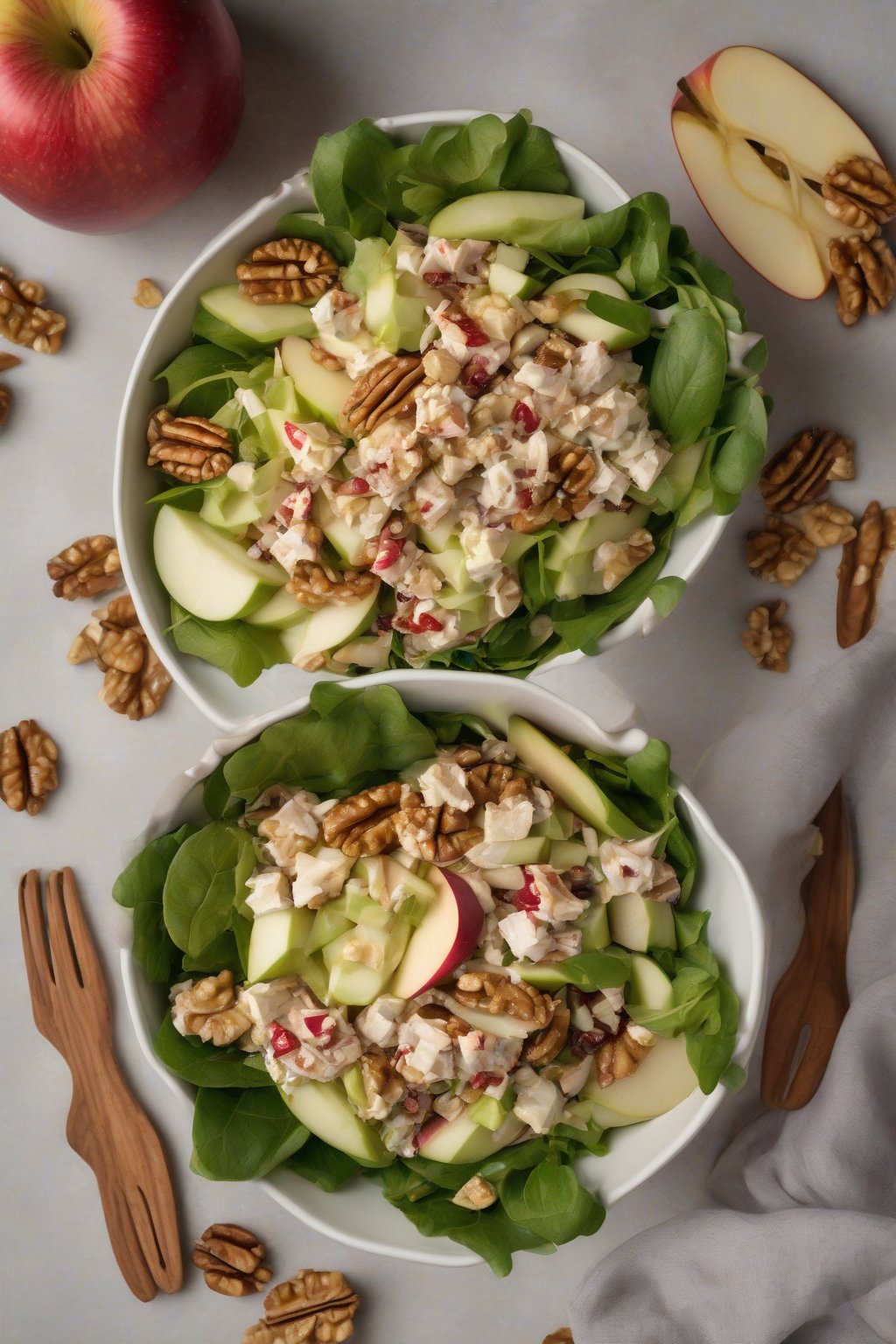 A high-resolution photo of apple walnut crab salad in a fall-themed bowl, under soft lighting.
