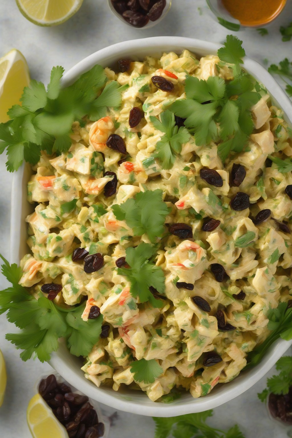 A high-resolution photo of curry crab salad sprinkled with cilantro and raisins, under soft lighting.