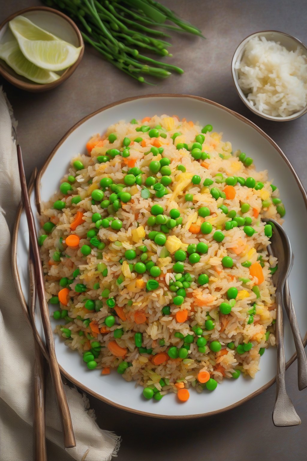 A high-resolution photo of steaming classic vegetable fried rice with vibrant peas, carrots, and green onions, garnished with scrambled eggs, under soft lighting.