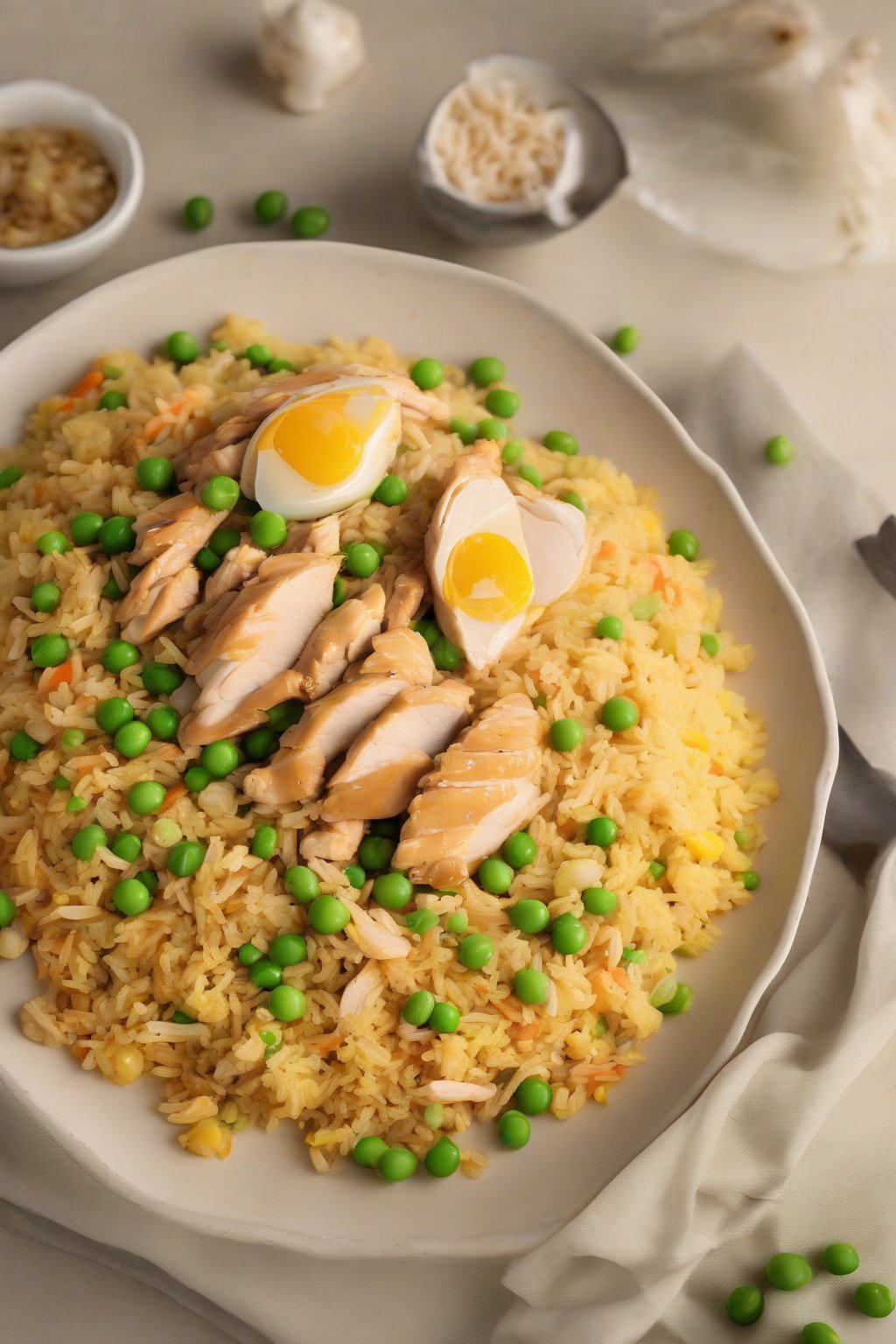 A high-resolution photo of golden chicken fried rice with tender chicken pieces, peas, and scrambled eggs, steam rising, under soft lighting.