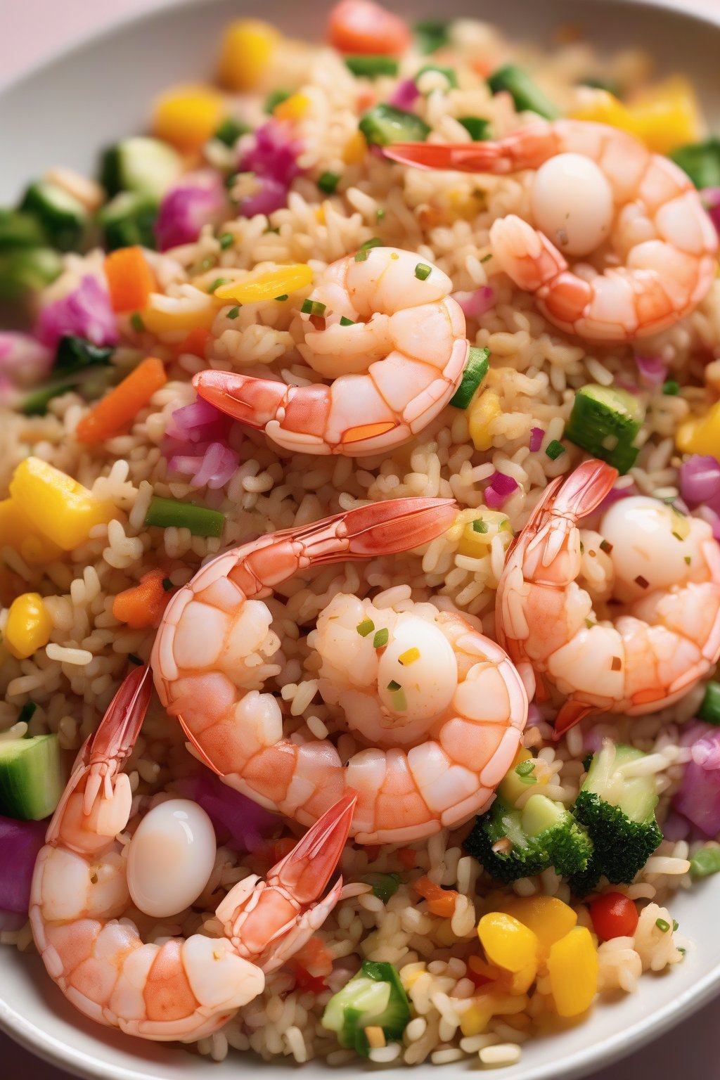 A high-resolution photo of pink shrimp studded in fluffy fried rice with colorful veggies and egg bits, under soft lighting.