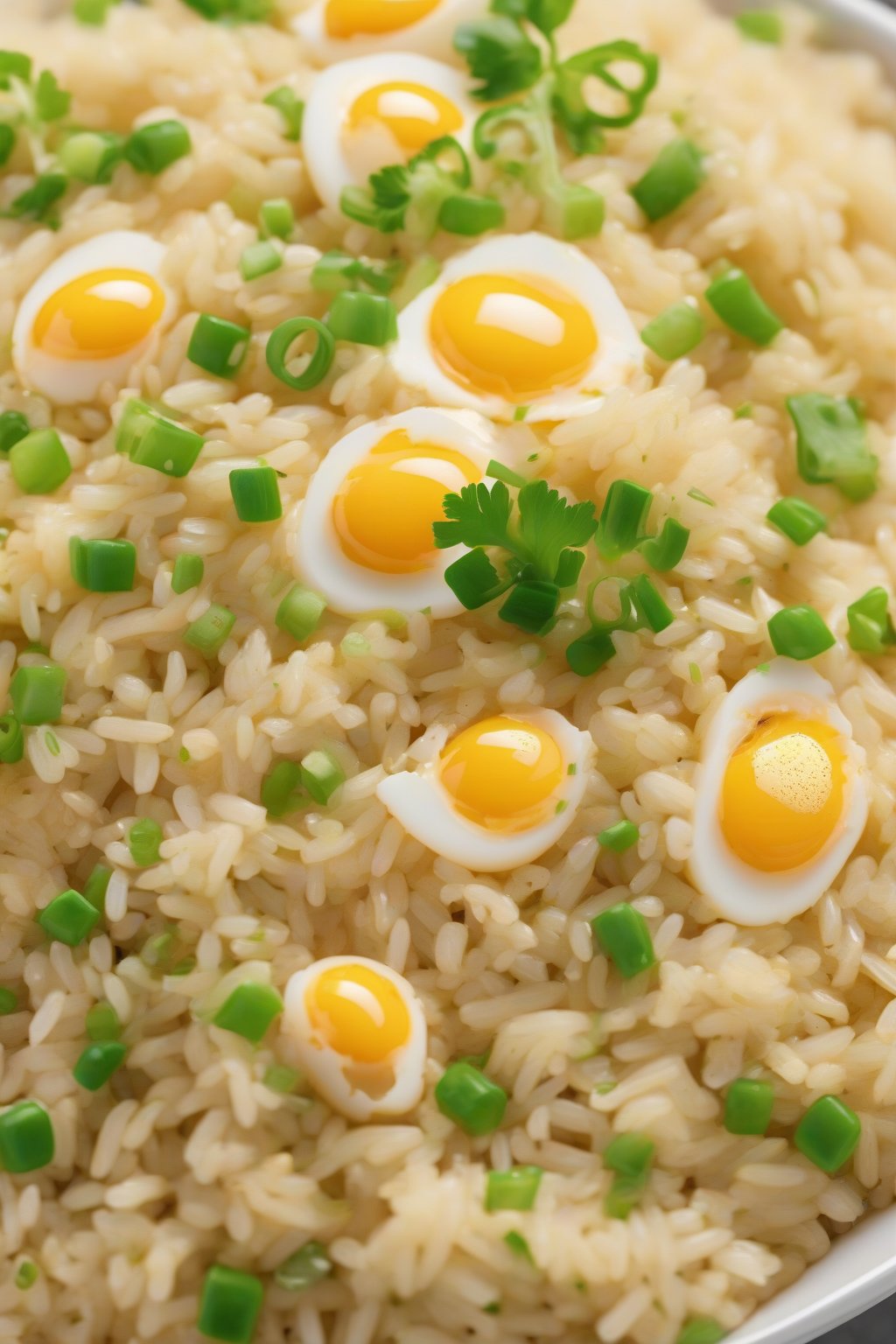 A high-resolution photo of creamy egg fried rice with golden egg flecks and chopped green onions, close-up texture, under soft lighting.