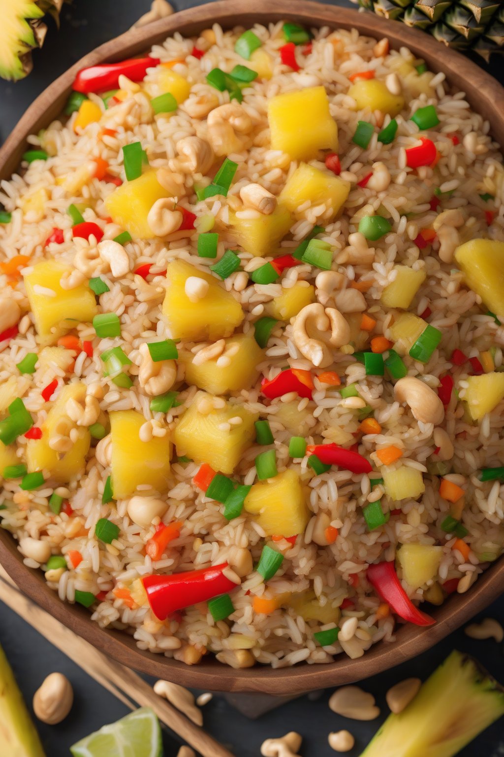 A high-resolution photo of vibrant pineapple fried rice with golden chunks of pineapple, cashews, and red bell peppers, under soft lighting.