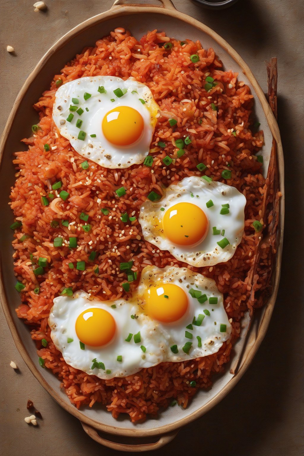 A high-resolution photo of fiery red kimchi fried rice topped with fried egg and sesame seeds, steam wisps, under soft lighting.