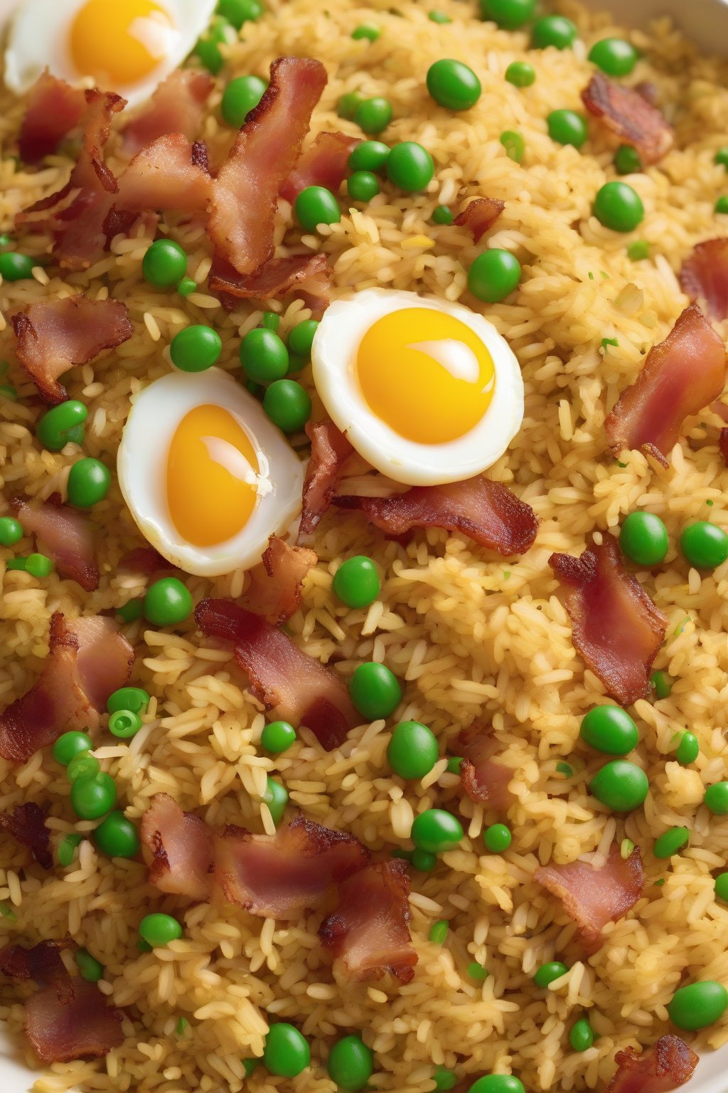 A high-resolution photo of crispy bacon bits in golden fried rice with peas and egg, savory close-up, under soft lighting.