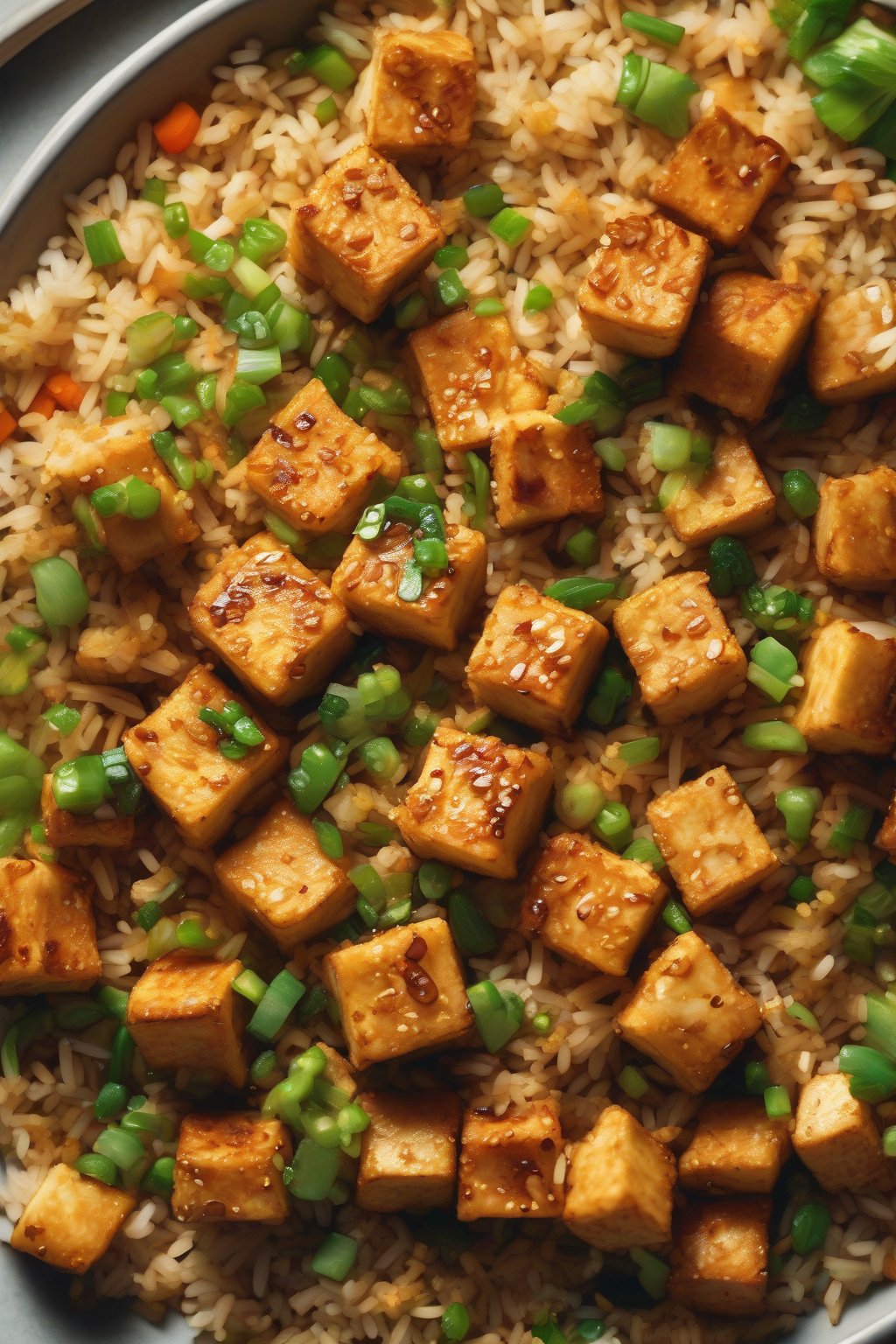 A high-resolution photo of golden crispy tofu cubes in veggie-packed fried rice, fresh and green, under soft lighting.