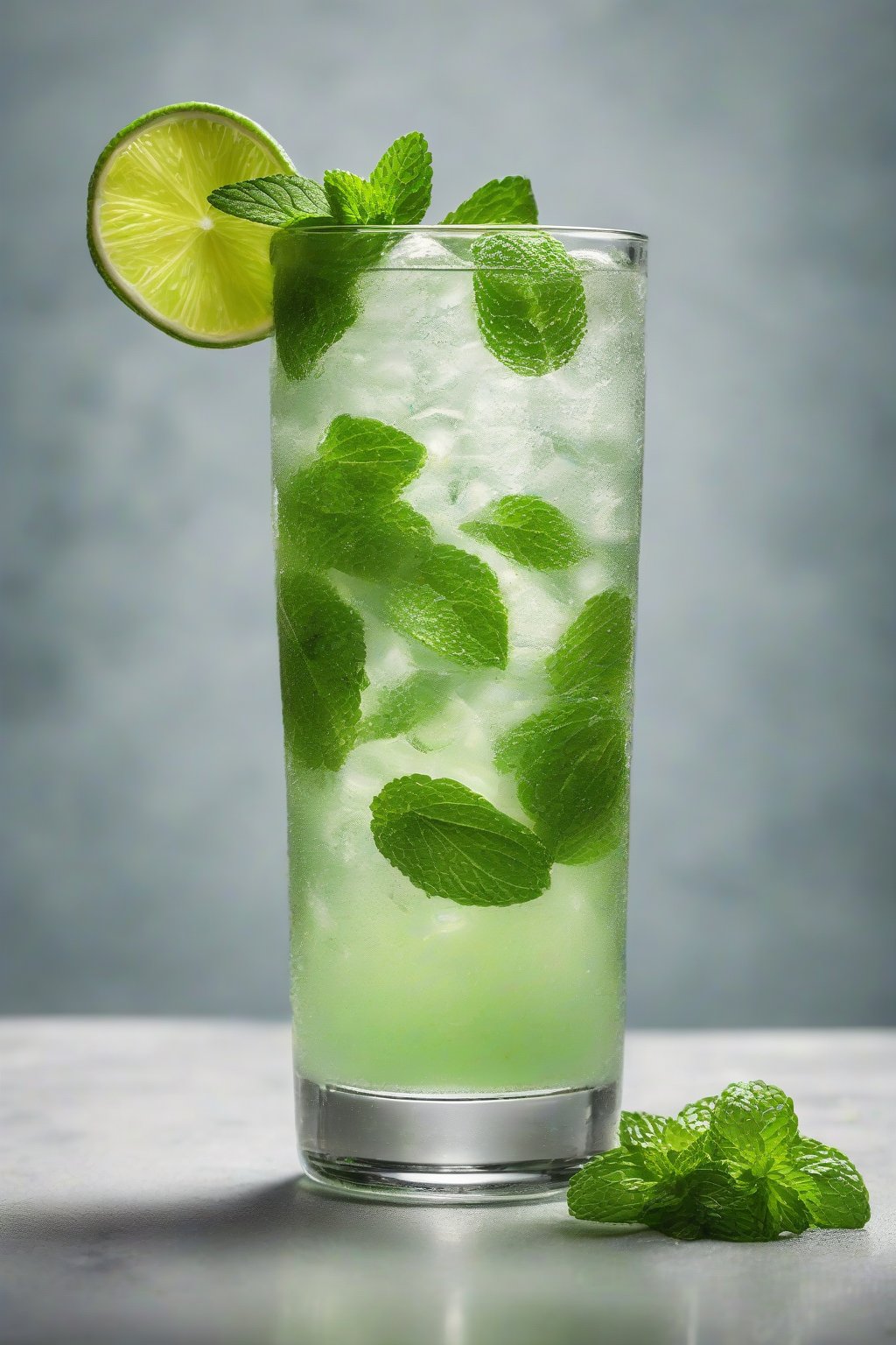 A high-resolution photo of a classic mint mojito in a tall glass with lime wheels and mint sprig garnish, condensation beading on the glass, under soft lighting.