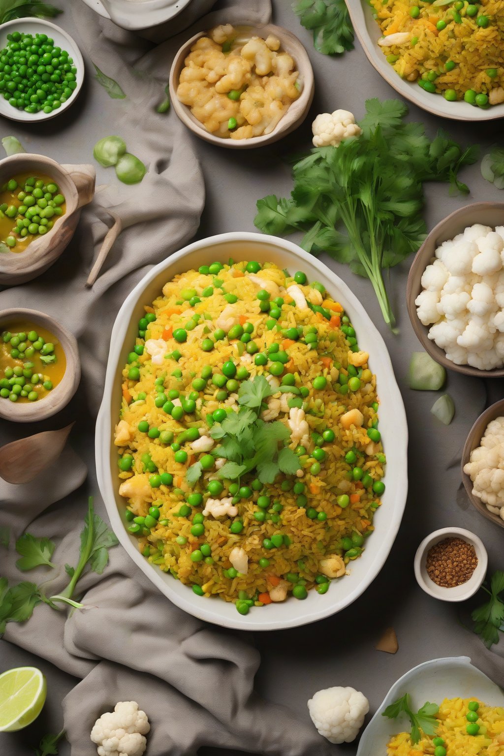 A high-resolution photo of yellow curry fried rice with peas, cauliflower florets, and cilantro garnish, aromatic steam, under soft lighting.