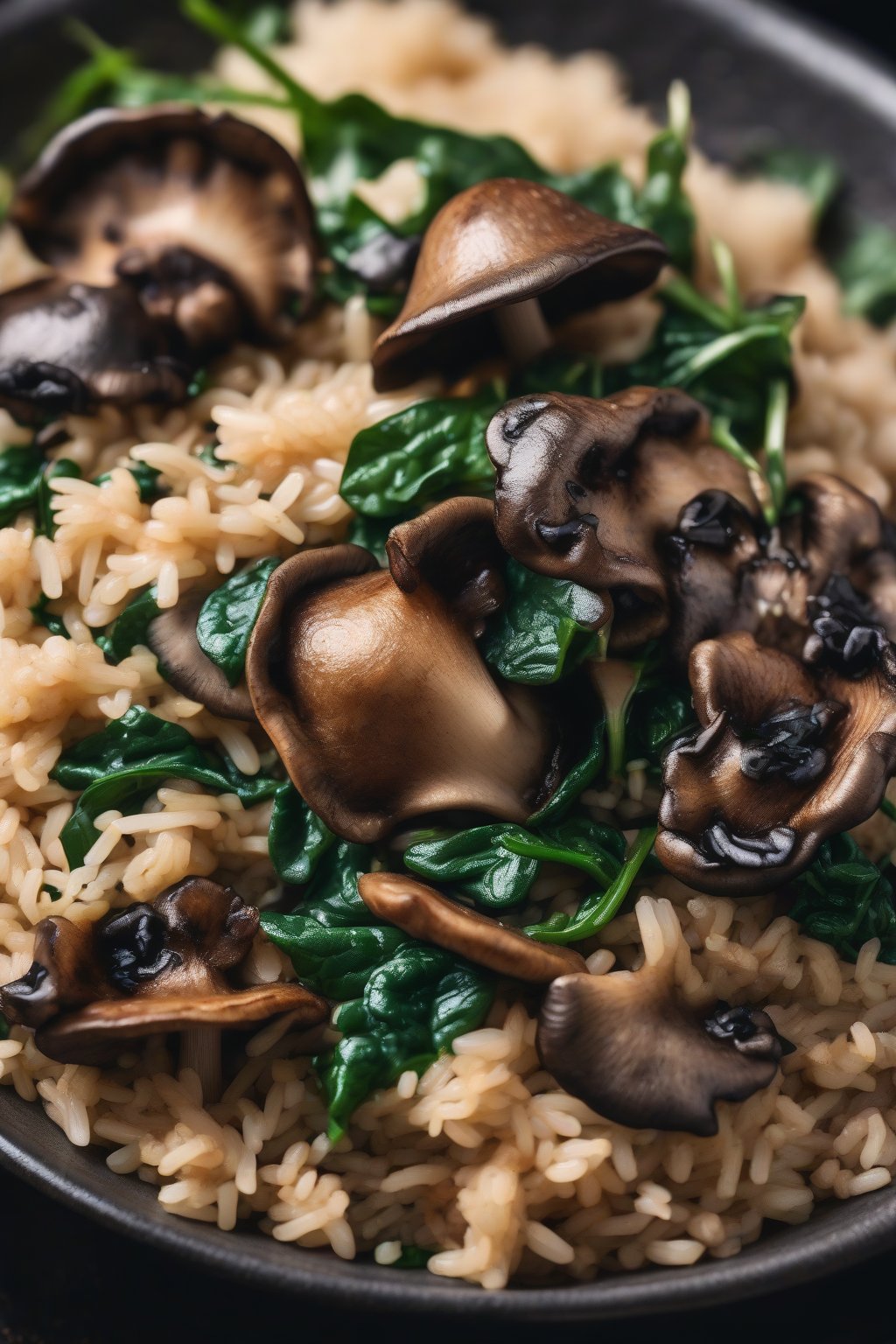 A high-resolution photo of dark mushrooms mingled in fluffy fried rice with wilted spinach, textured close-up, under soft lighting.