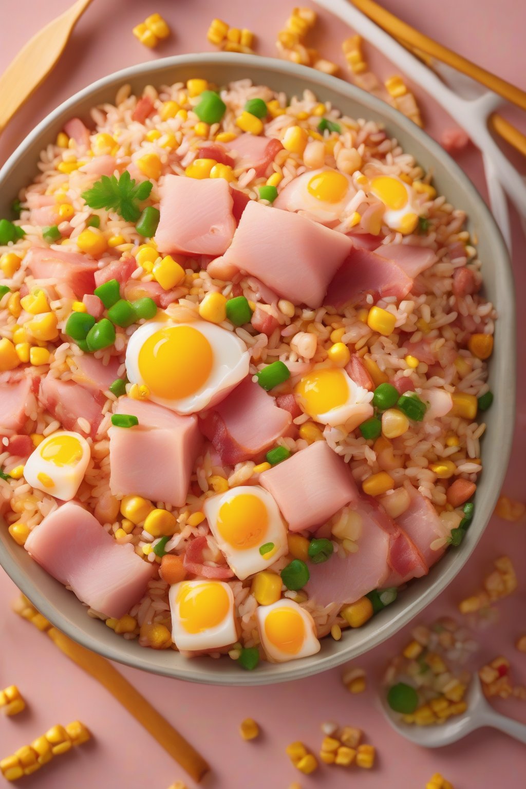 A high-resolution photo of pink ham cubes in colorful fried rice with corn kernels and egg, inviting warmth, under soft lighting.