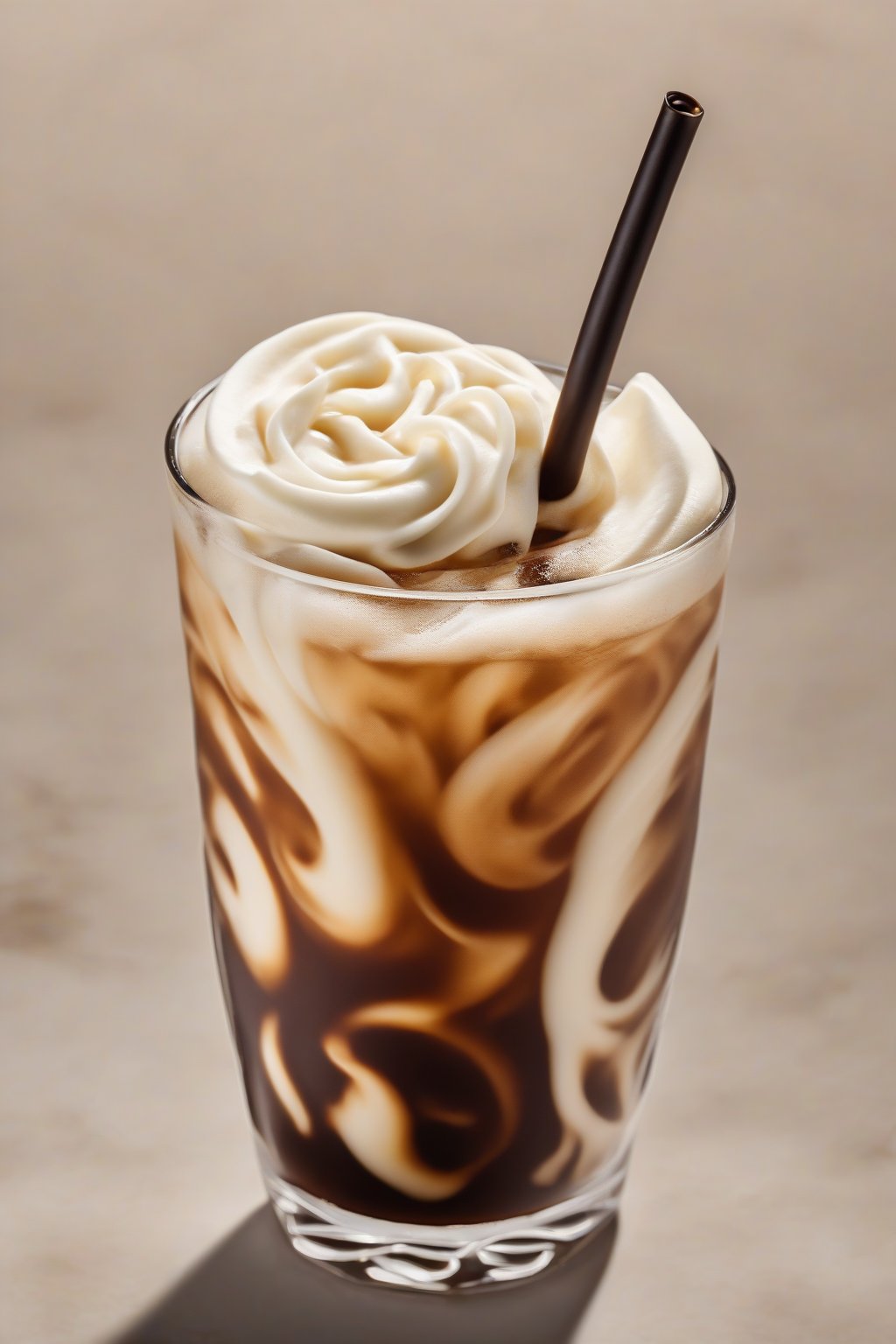 A high-resolution photo of vanilla cold brew in a tall glass garnished with a vanilla pod, creamy swirls visible, under soft lighting.