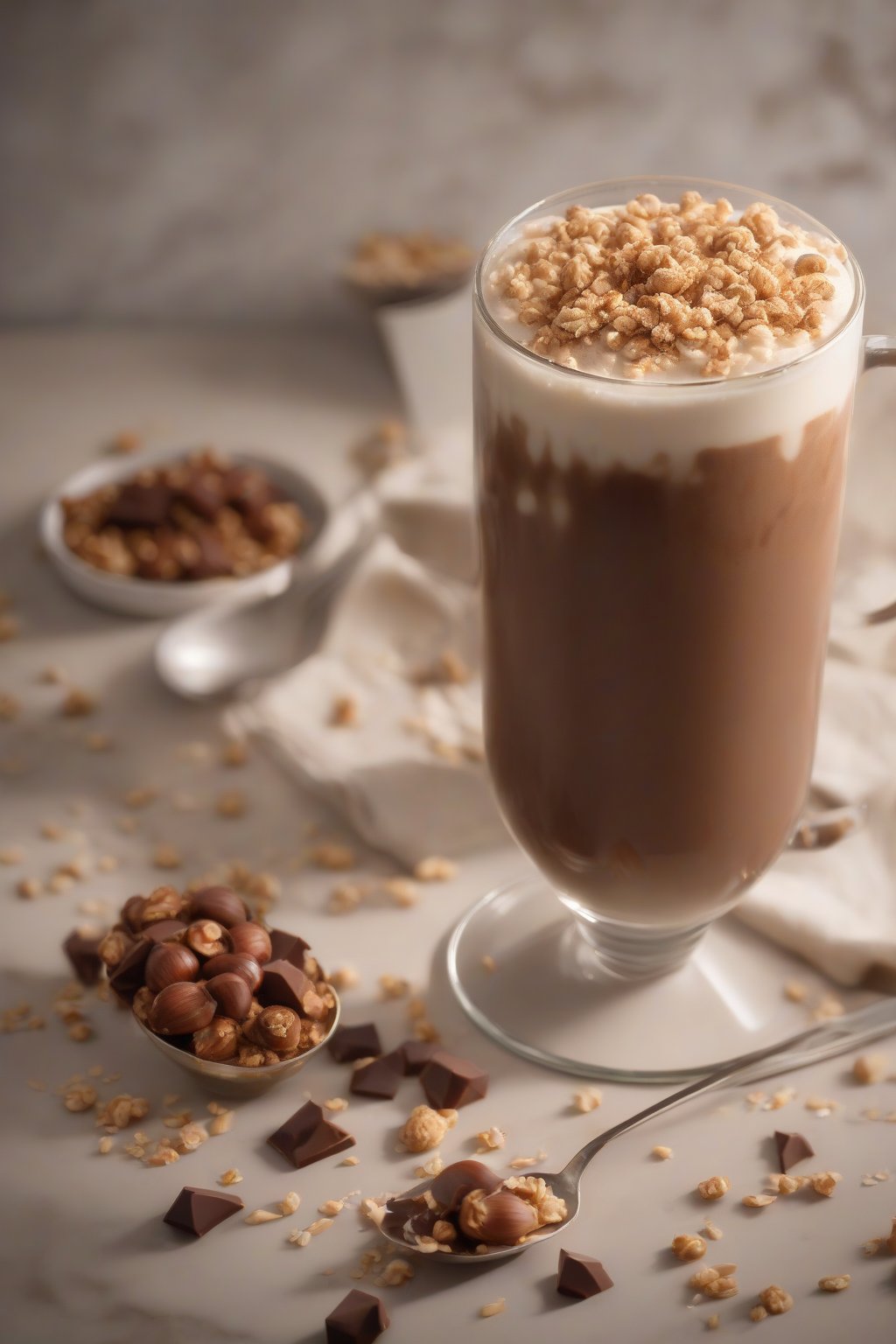 A high-resolution photo of chocolate hazelnut cold brew topped with frothy oat milk and hazelnut crumbs, under soft lighting.