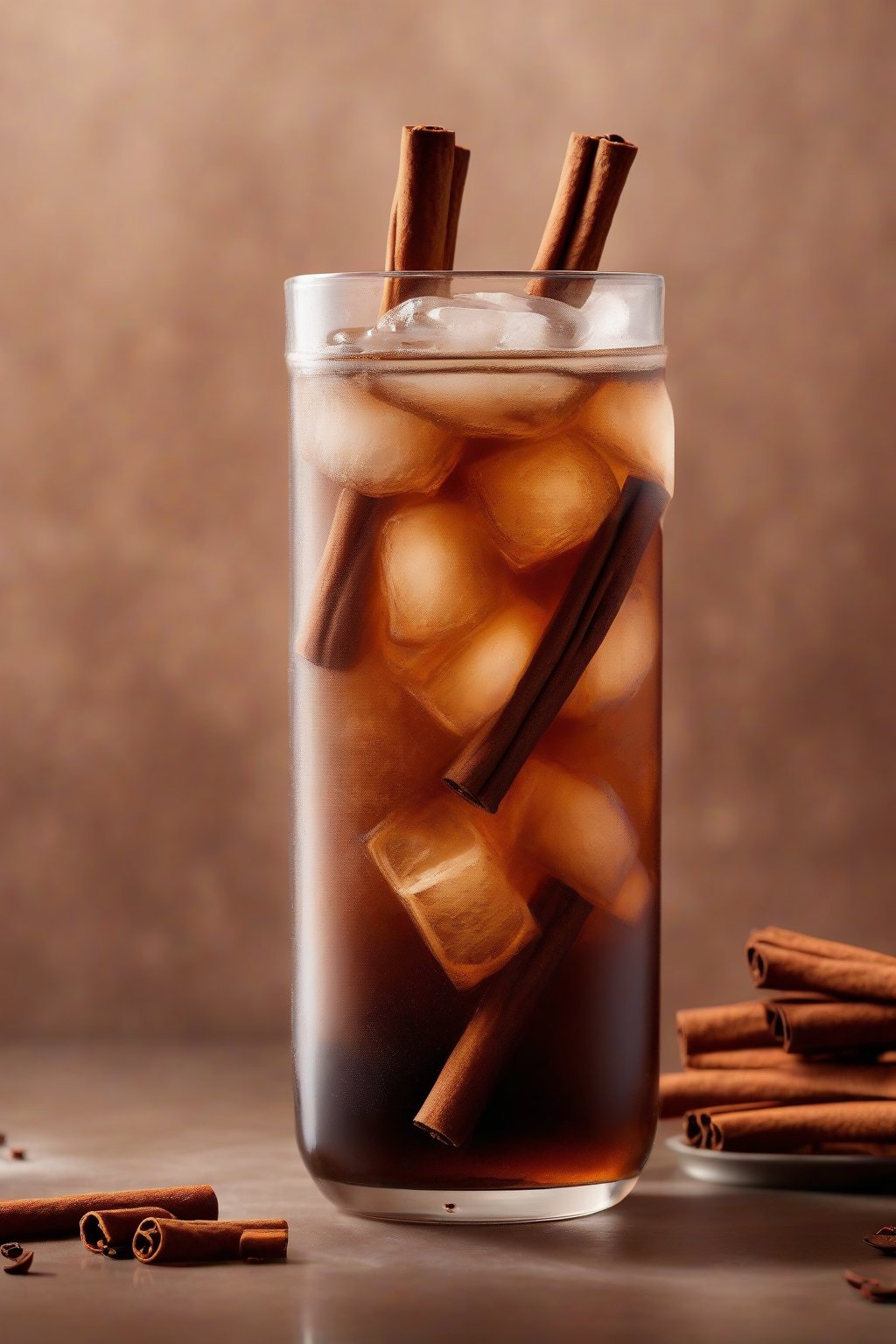 A high-resolution photo of cinnamon spice cold brew with floating cinnamon sticks and ice, steam-like condensation, under soft lighting.