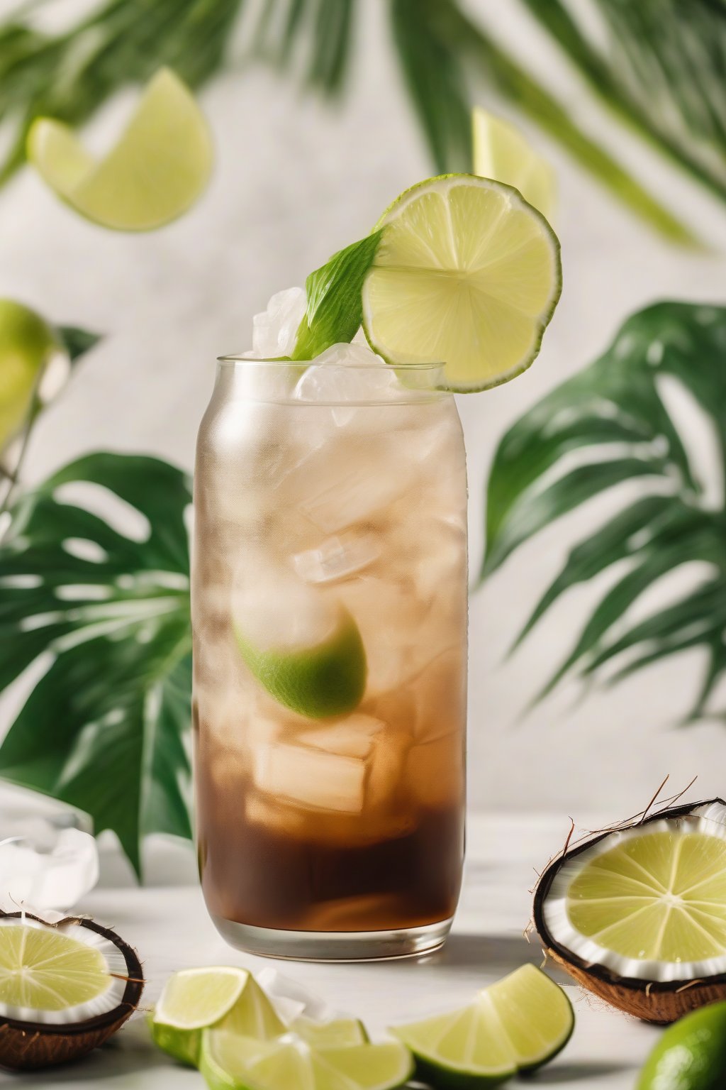 A high-resolution photo of coconut cold brew in a clear glass with coconut slices and a lime twist, tropical vibe, under soft lighting.
