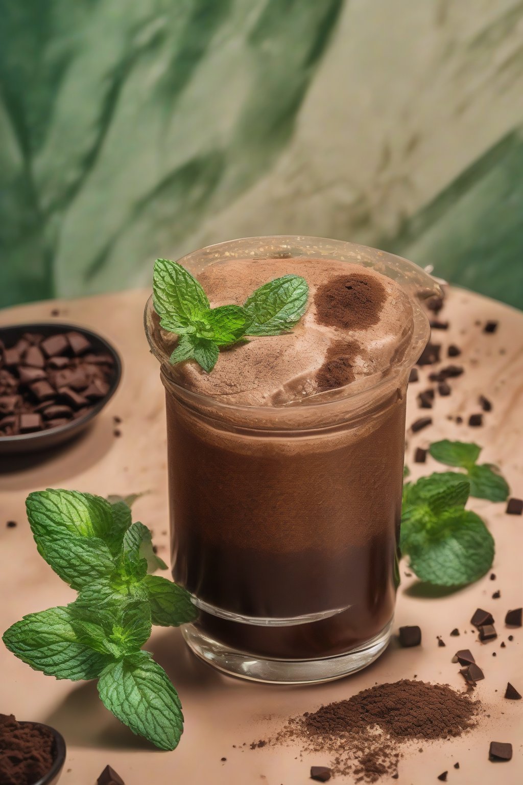 A high-resolution photo of mocha mint cold brew garnished with mint sprigs and cocoa dust, vibrant green accents, under soft lighting.