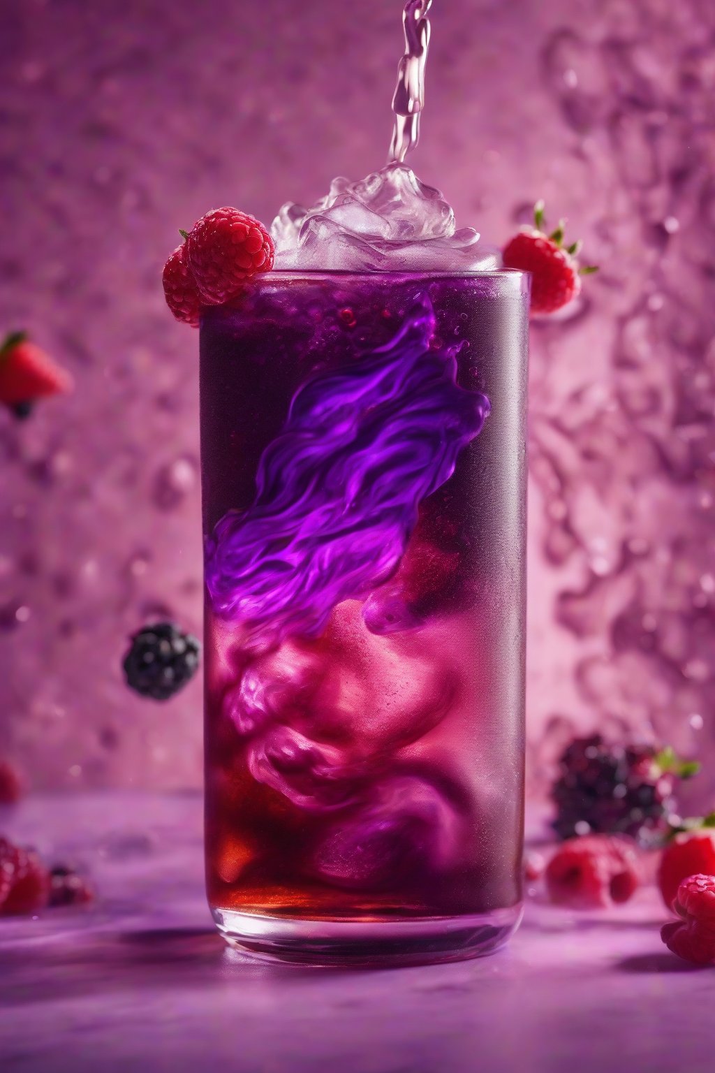 A high-resolution photo of berry cold brew with floating fresh berries and purple hues swirling, under soft lighting.