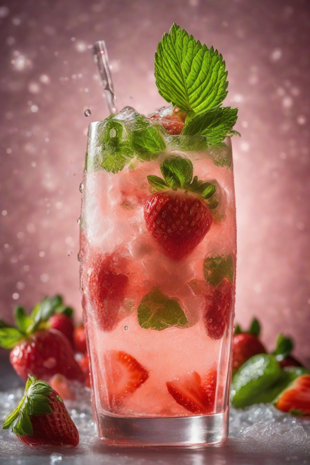 A high-resolution photo of a strawberry mojito garnished with fresh strawberries and mint, fizzing with soda in a frosty glass, under soft lighting.