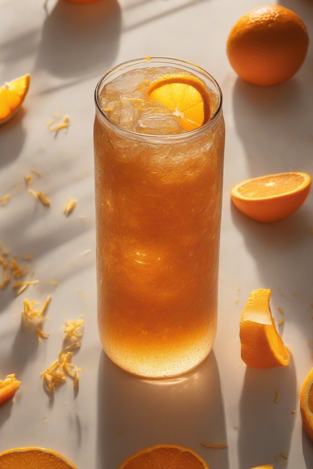 A high-resolution photo of orange zest cold brew with orange slices and zest flecks on top, sunny glow, under soft lighting.