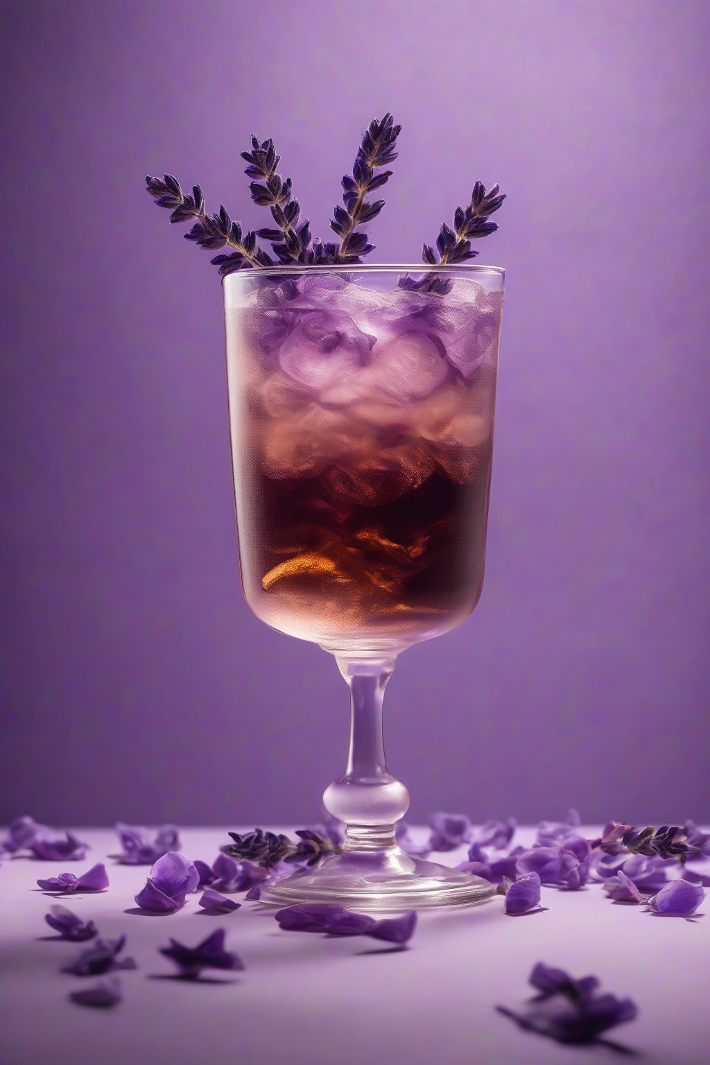 A high-resolution photo of lavender cold brew in an elegant glass with purple petals floating delicately, under soft lighting.