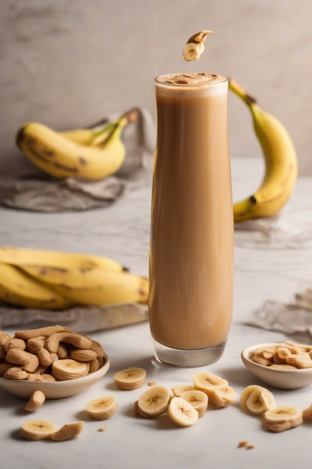 A high-resolution photo of peanut butter banana cold brew blended thick with banana slices on rim, under soft lighting.