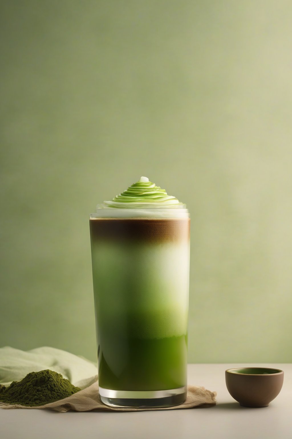 A high-resolution photo of matcha cold brew layered green and brown with frothy top, zen aesthetic, under soft lighting.